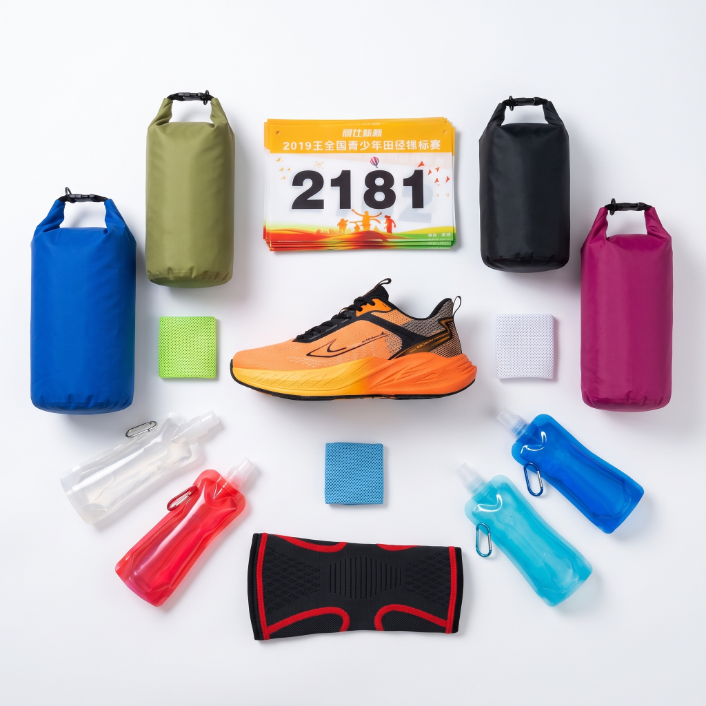 Custom Marathon Running & Hydration Gear Kit – Waterproof Dry Bags, Collapsible Bottles, Knee Sleeves & Race Bibs