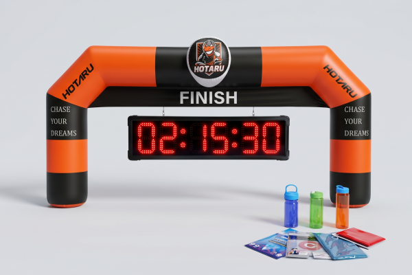 Marathon Finish Line Event Equipment Kit – Custom Inflatable Arch, Large LED Race Clock & Sports Water Bottles
