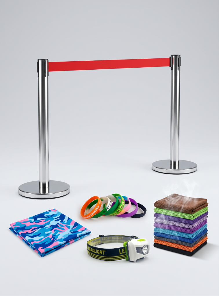 Custom Marathon Safety & Cooling Kit – Seamless Bandanas, Ice Towels, Running Headlamps & Crowd Control Stanchions