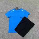 Men’s 2-Piece Running Set Bright Blue Quick Dry T-Shirt with Black Athletic Shorts Breathable Reflective Stripe WorkoutTracksuit