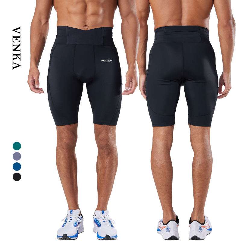 Men High Waist Quick-dry Compression Shorts Training Marathon Running With Waist Pack High Elasticity Men Sports Biker Shorts