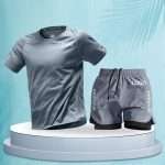 Men’s 2 Piece Athletic Sets Quick Dry T Shirt 2 in 1 Shorts Marathon Training Wear Running Basketball Training Workout Clothing