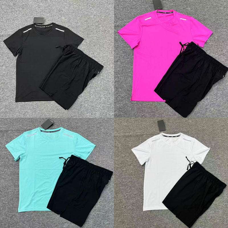 Men’s 2-Piece Running Set Bright Blue Quick Dry T-Shirt with Black Athletic Shorts Breathable Reflective Stripe WorkoutTracksuit