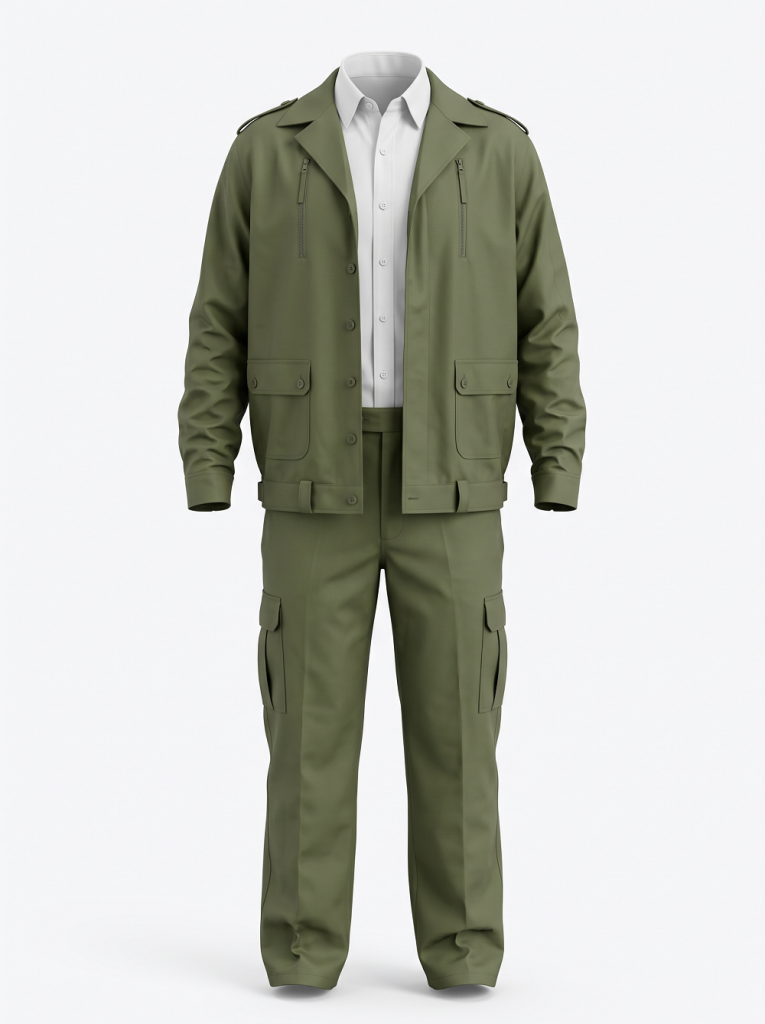Custom Army Green Military Patrol Uniform Set – Utility Jacket, Cargo Pants & Flat-Top Cap with Shoulder Epaulets